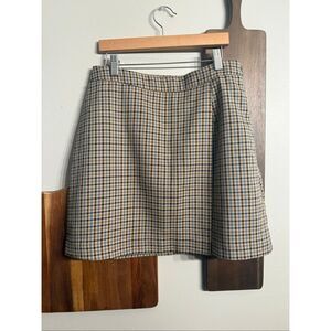 Allie Rose Tan Blue Plaid Pleated Front Lined Academia Mini Skirt Size Medium